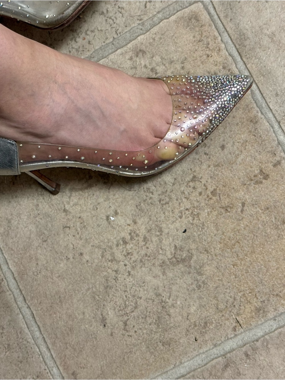 Crystal-Embellished Clear Pointed Toe Pumps - Silver